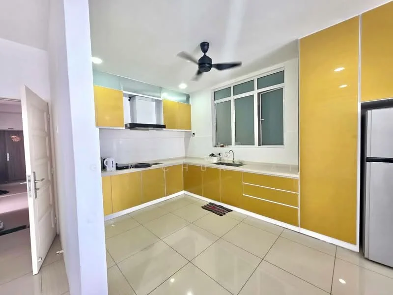 Kitchen features: yellow glossy cabinetry, white countertop, stainless-steel sink, chrome pull-down faucet, built-in oven, freestanding range oven, stainless-steel fridge, ceramic tile flooring, recessed downlights, ceiling fan, window with white frame, kitchen backsplash, open shelving; style: modern.