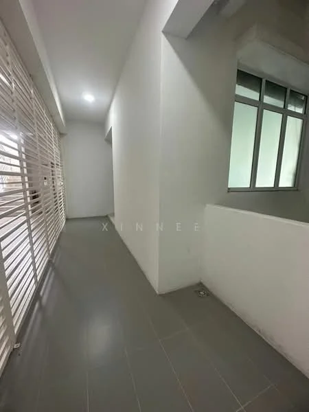 Room features: white painted walls, grey tile flooring, large window with multiple panes, sliding security grille, open space layout, natural light from window, corner wall, minimalist design; style: modern.