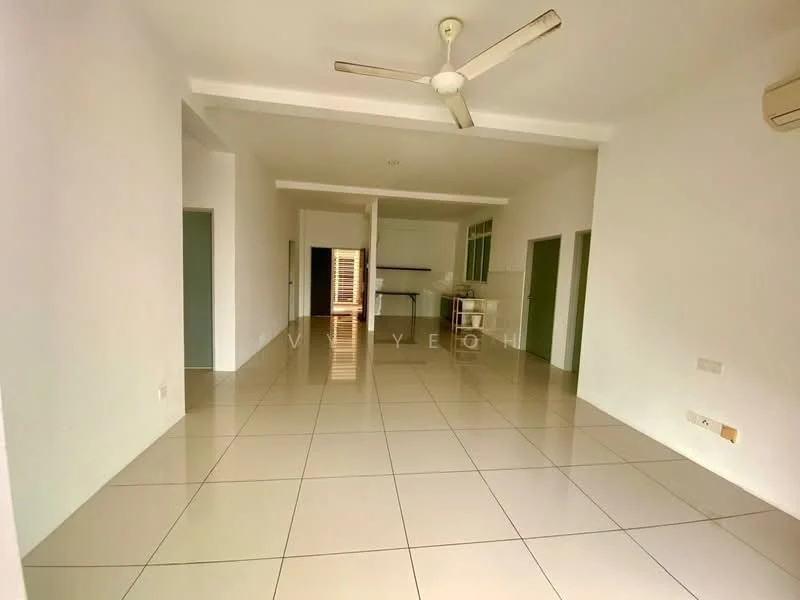 Living features: white painted walls, glossy tile flooring, ceiling fan, recessed downlights, large windows, open layout, air conditioning unit, neutral color scheme; style: modern.