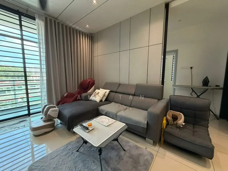Living features: grey fabric sectional sofa, 2-seater grey fabric sofa, coffee table with white surface, floor-to-ceiling windows, sheer curtains, tile flooring, wall-mounted TV, decorative wall paneling, recessed ceiling lights, armchair in maroon fabric, small side table, decorative items on coffee table; style: modern; view: city.