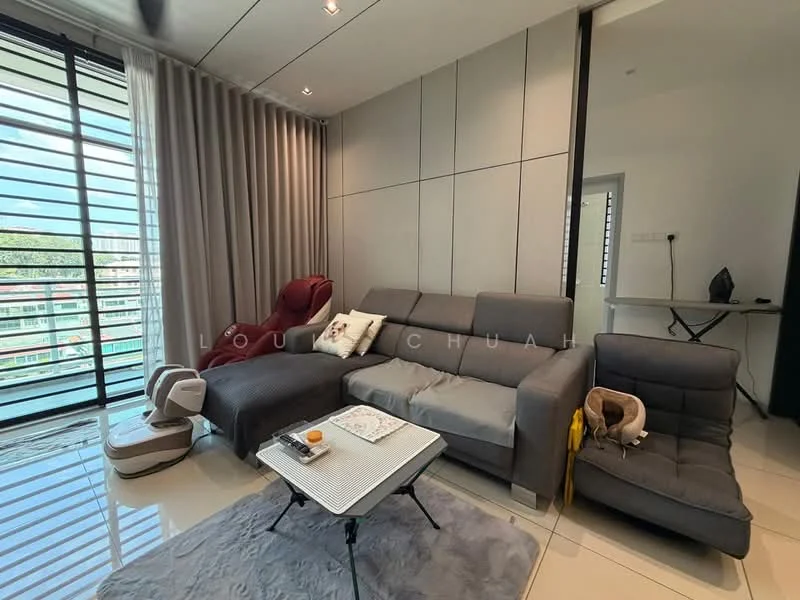 Living features: grey fabric sectional sofa, red reclining chair, coffee table with white top, floor-to-ceiling windows, sheer curtains, tile flooring, wall-mounted TV, decorative wall paneling, LED ceiling lights; style: modern; view: city.