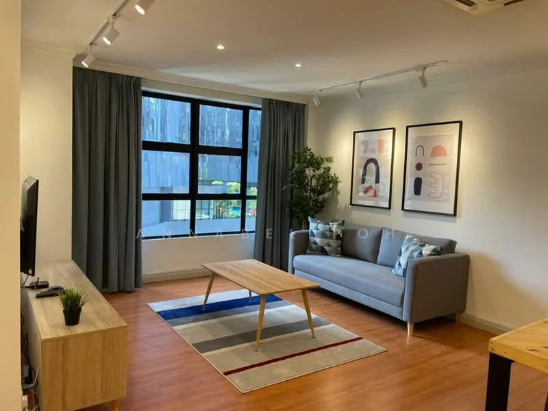 Living features: grey fabric sofa, coffee table, TV console, wall-mounted TV, area rug with geometric pattern, framed artwork, floor-to-ceiling windows, curtains, laminate flooring, indirect lighting, decorative plant; style: modern; view: city.