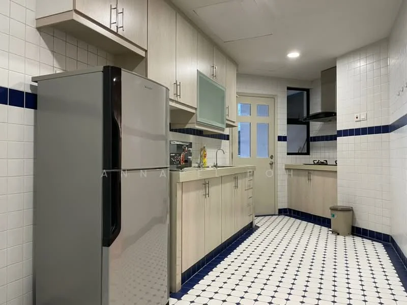 Kitchen features: stainless-steel fridge, light wood cabinetry, white tiled walls, blue accent tiles, ceramic tile flooring, built-in gas stove, exhaust hood, double-bowl sink, countertop with space for appliances, window for natural light, door leading to outside, trash bin; style: modern.