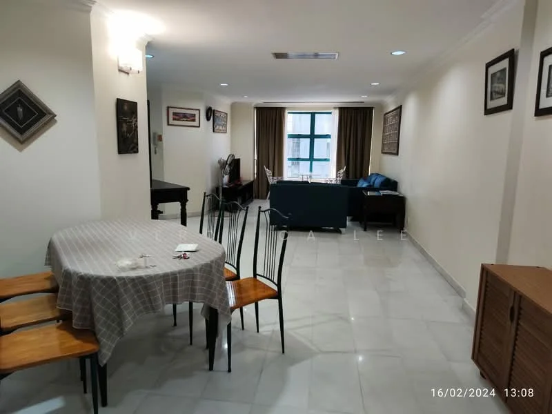 Living features: white painted walls, marble tile flooring, recessed downlights, floor-to-ceiling windows, curtains, sofa in blue, coffee table, dining table with checkered tablecloth, 4 dining chairs, decorative wall frames, sideboard, area rug; style: modern; view: city.