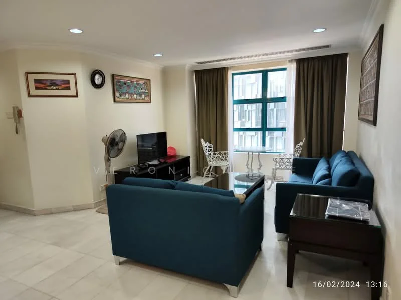Living features: blue fabric sofa, glass coffee table, TV console, wall-mounted TV, 2 white metal chairs, marble flooring, cream painted walls, floor-to-ceiling windows with green view, ceiling fan, decorative wall art, framed pictures, curtains; style: contemporary; view: city.