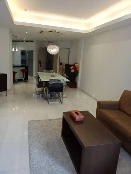 Living features: white painted walls, marble tile flooring, recessed downlights, 5-blade ceiling fan, chandelier, 3-seater leather sofa in brown, wood coffee table, area rug with neutral color, dining table with glass top, 4 upholstered dining chairs, decorative floor vase with flowers, open layout to kitchen; style: modern.