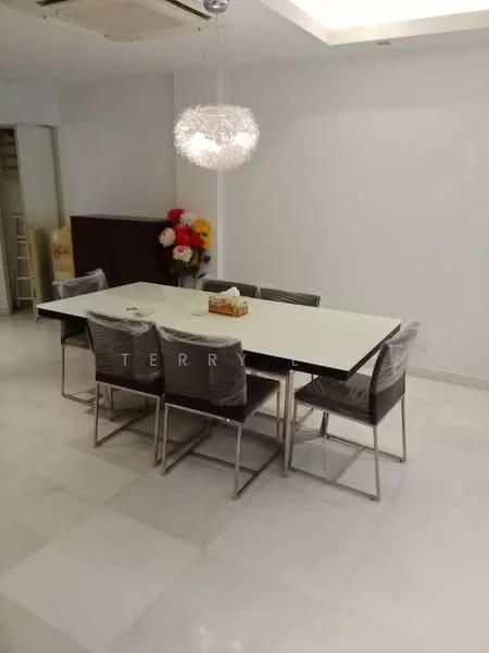 Dining features: rectangular dining table with white surface, 6 upholstered dining chairs in grey, chandelier light fixture, white painted walls, marble tile flooring, decorative flower arrangement, open shelving unit in background, air conditioning unit on ceiling; style: modern.
