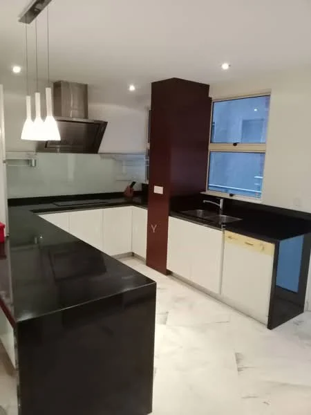 Kitchen features: black granite countertop, white shaker cabinets, stainless-steel range hood, single-bowl stainless-steel sink, chrome pull-down faucet, glass backsplash, pendant lighting, marble tile flooring, built-in oven, freestanding range oven, open layout, window with natural light; style: modern.