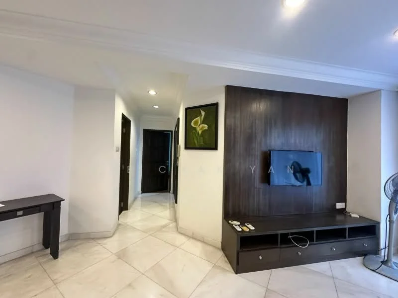 Living features: white painted walls, marble tile flooring, recessed downlights, wall-mounted TV, dark wood feature wall, TV console with storage, small side table, ceiling fan; style: modern. Room features: white painted walls, marble tile flooring, doorway leading to hallway.