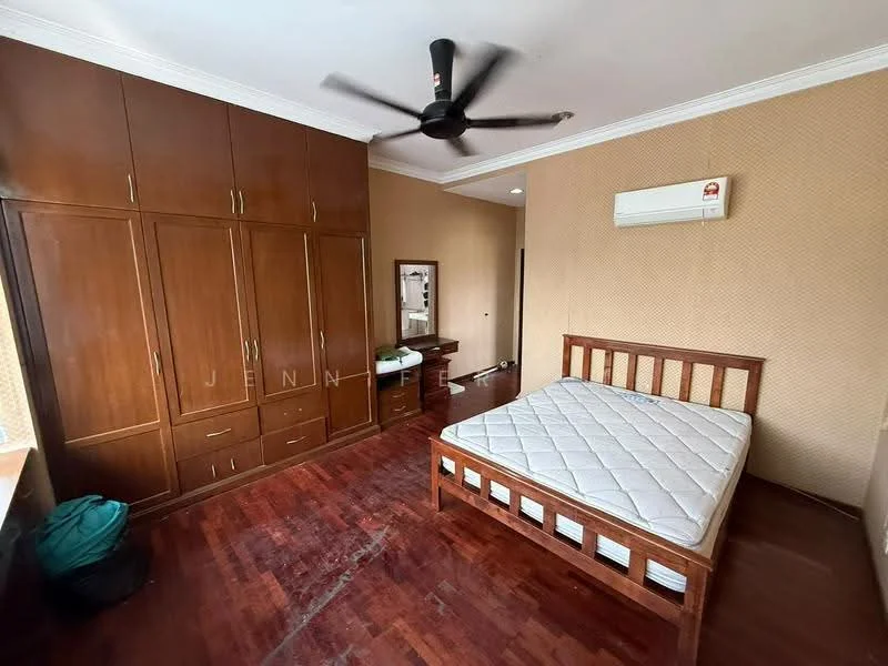 Bedroom features: wooden flooring, brown wooden wardrobe with multiple doors, queen-size bed frame, mattress on bed frame, ceiling fan with light, wall-mounted air conditioning unit, decorative wall with textured wallpaper, window with natural light, mirror on dresser, brown wooden dresser, light-colored walls; style: modern.