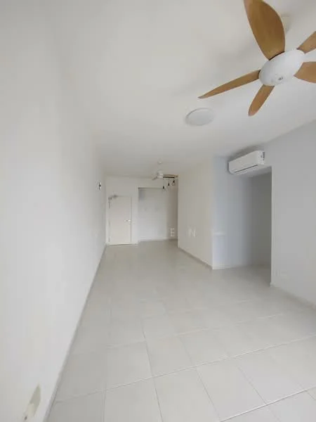 Room features: white painted walls, light grey accent wall, tile flooring, 5-blade ceiling fan, recessed downlights, wall-mounted split AC, doorway leading to another room, open space layout; style: modern.