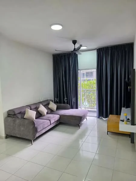 Living features: grey fabric L-shape sectional sofa, 4 decorative cushions, white wall, white ceiling, recessed ceiling lights, 5-blade ceiling fan, floor-to-ceiling window with sheer curtains, white TV console, tile flooring, balcony view; style: modern; view: garden.