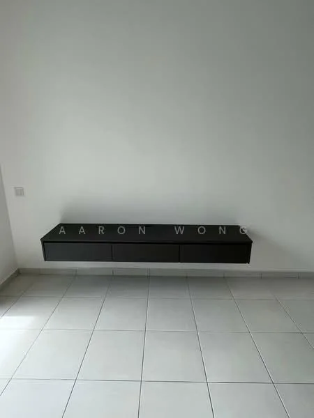 Room features: white painted walls, light grey floor tiles, floating black storage unit with drawers; style: modern.