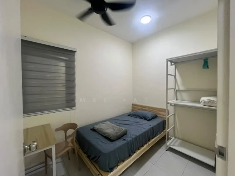 Bedroom features: single bed, grey bedding, wooden bed frame, study desk with chair, shelf unit, white walls, ceiling fan, recessed ceiling light, window with blinds, tile flooring; style: minimalist.