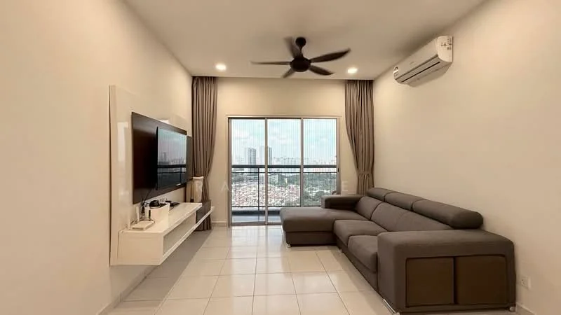 Living features: L-shape sectional sofa in grey, wall-mounted TV, white TV console, floor-to-ceiling windows, sliding glass door, curtains, recessed LED downlights, 1 wall-mounted split AC, white tiled flooring, light grey walls, ceiling fan with light; style: modern; view: city.