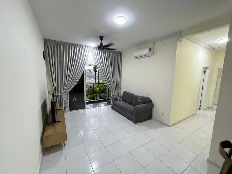 Living features: grey fabric sofa, wooden TV console, wall-mounted TV, floor-to-ceiling windows, sheer curtains, white painted walls, polished ceramic tile flooring, ceiling fan with light, wall-mounted split AC, sliding glass door, view of balcony; style: modern; view: garden.