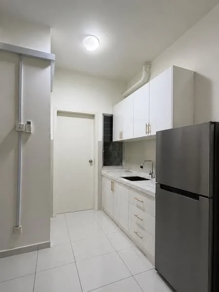 Kitchen features: white shaker cabinets, stainless-steel sink, chrome pull-down faucet, grey backsplash, built-in refrigerator, white tiled flooring, recessed ceiling light, wall-mounted plumbing, door to adjacent room; style: modern.