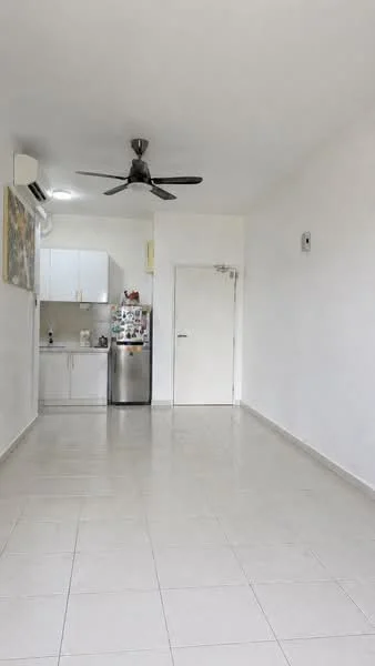 Living features: white painted walls, tile flooring, 5-blade ceiling fan, wall-mounted air conditioning unit, refrigerator, kitchen cabinets, kitchen countertop, door to hallway; style: minimalist. Kitchen features: white cabinets, stainless-steel refrigerator, kitchen countertop, sink, stove, wall-mounted cabinets; style: minimalist.