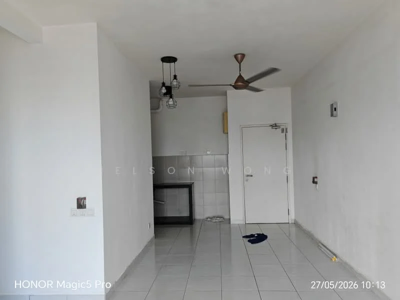 Room features: white painted walls, grey tiled flooring, ceiling fan, hanging pendant lights, kitchen counter with backsplash, single door, wall-mounted electrical outlet, open space layout; style: modern.