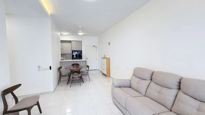Living features: beige fabric sofa, round dining table, 4 dining chairs, white painted walls, tile flooring, ceiling fan, recessed lighting, built-in cabinetry, open kitchen layout, kitchen island with seating; style: modern.