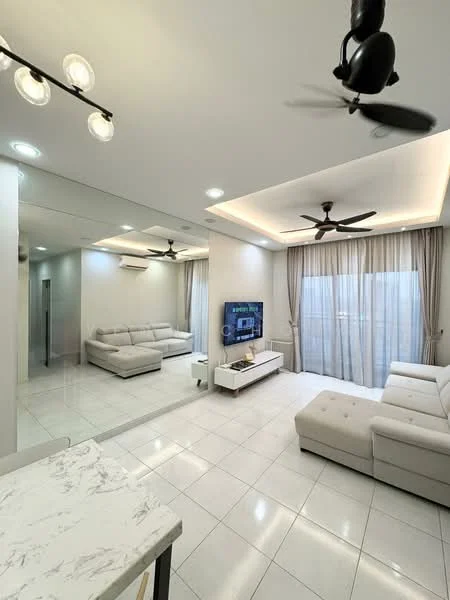 Living features: 3-seater fabric sofa in light grey, L-shape sectional sofa, white TV console, wall-mounted TV, recessed downlights, 5-blade ceiling fan with light, floor-to-ceiling windows, sheer curtains, marble flooring, mirrored wall, area rug, decorative wall paneling; style: modern.