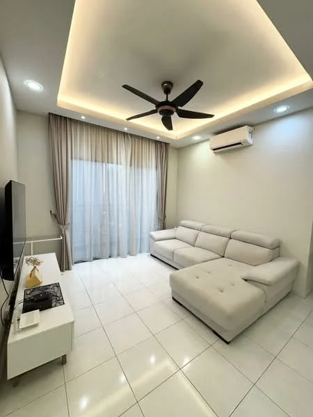 Living features: white painted walls, glossy white tile flooring, 5-blade ceiling fan with integrated LED light, recessed ceiling lights, floor-to-ceiling sheer curtains, sliding glass door, light-colored sectional sofa, TV console, wall-mounted TV, decorative plant on table; style: modern.