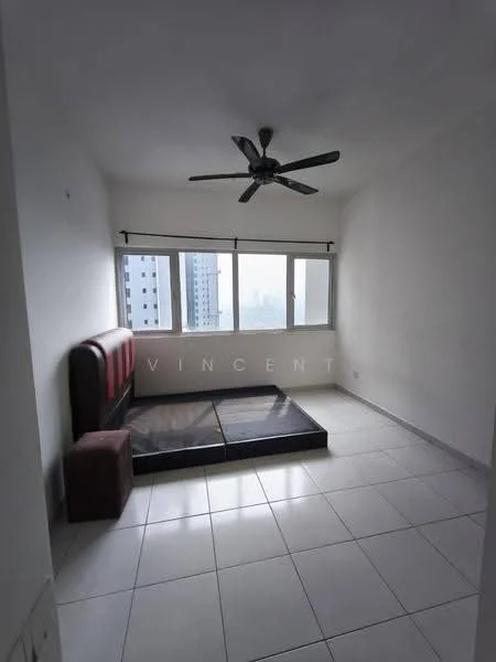 Bedroom features: white painted walls, tile flooring, 5-blade ceiling fan, floor-to-ceiling windows, black and red upholstered headboard, mattress on bed frame, window treatments, city view; style: modern; view: city.