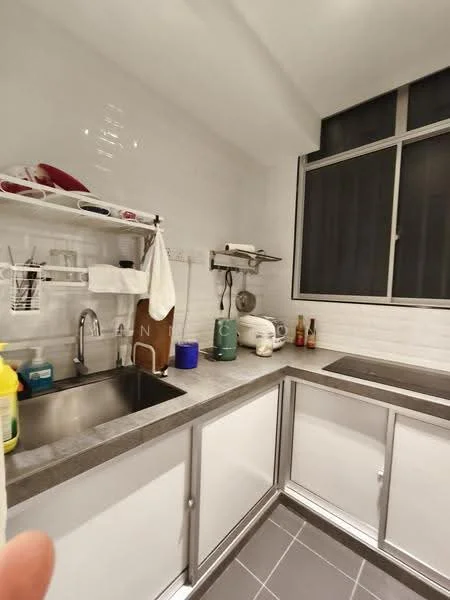 Kitchen features: single-bowl stainless-steel sink, chrome pull-down faucet, grey countertop, white cabinetry with flat-panel doors, open shelving, built-in microwave, toaster, kettle, wall-mounted rack for utensils, tile backsplash, grey tile flooring, large window with vertical blinds; style: modern.