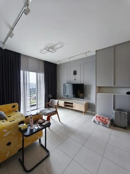 Living features: grey walls, white ceiling, floor-to-ceiling windows, sheer curtains, blackout curtains, light wood TV console, wall-mounted TV, yellow sofa with floral pattern, small side table, wooden chair, tile flooring, decorative items on table, visible city view through window; style: modern; view: city.