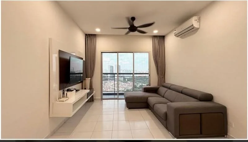 Living features: grey L-shape sectional sofa, white wall-mounted TV console, wall-mounted flat-screen TV, floor-to-ceiling windows, sliding glass door, curtains, recessed LED downlights, 1 wall-mounted split AC, white painted walls, glossy white tile flooring, decorative wall art; style: modern; view: city.