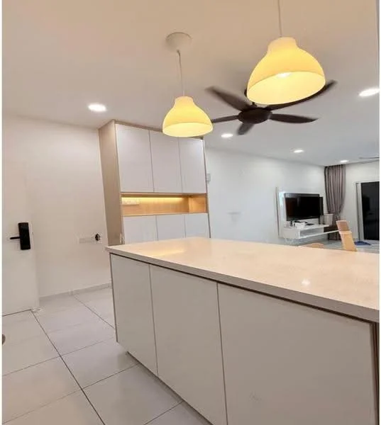Kitchen features: white cabinetry, light-colored countertop, pendant lighting, 5-blade ceiling fan, tile flooring, built-in TV unit, wall-mounted TV, open layout, recessed lighting; style: modern.