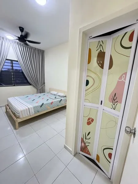Bedroom features: queen-size bed with patterned bedding, light-colored wooden bed frame, white painted walls, tile flooring, ceiling fan, curtains in light grey, window with grid design, decorative sliding door with abstract pattern; style: modern.