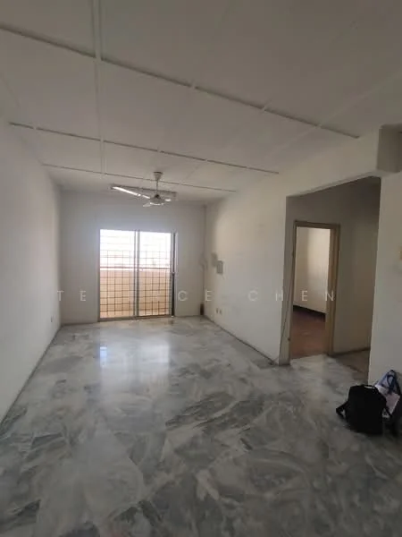 Room features: marble flooring, white painted walls, ceiling fan, large window with metal grille, doorway leading to another room, neutral color scheme, no visible furniture, high ceiling.