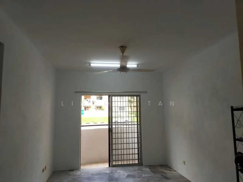 Room features: white painted walls, ceiling fan, sliding glass door, floor-to-ceiling window, tile flooring, natural light from window, access to balcony.