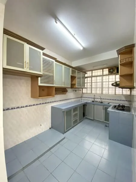 Kitchen features: light grey cabinetry, glass-front upper cabinets, laminate countertop, single-bowl stainless-steel sink, chrome pull-down faucet, 4-burner gas hob, tile backsplash, grey tile flooring, fluorescent ceiling light, window with grid pattern, open shelving, built-in cabinets; style: modern.