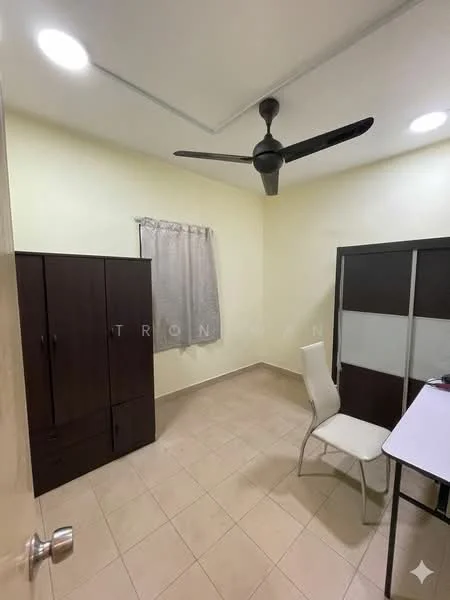 Room features: cream painted walls, tile flooring, 5-blade ceiling fan, window with sheer curtains, built-in wardrobe, white office chair, desk with glass top; style: modern.