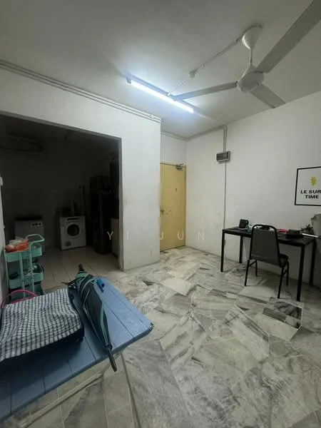 Room features: marble flooring, white painted walls, ceiling fan, table with chairs, washing machine, door, window, open layout.