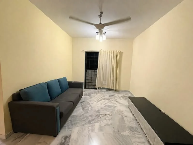 Living features: 3-seater fabric sofa in grey with blue cushions, marble flooring, white painted walls, ceiling fan with light, window with black grille, sheer curtains, TV console, area rug; style: modern.