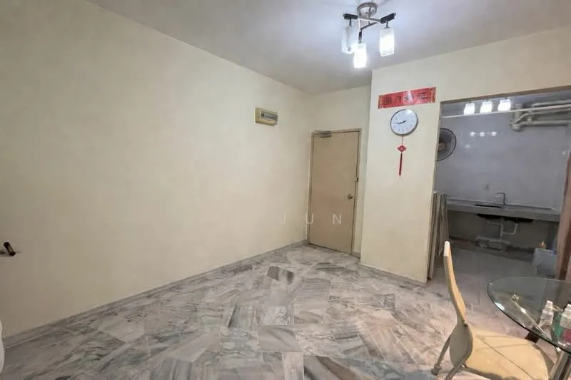 Room features: cream painted walls, marble tile flooring, ceiling light fixture, wall-mounted air conditioning unit, clock on wall, door to adjacent room, window with blinds, glass dining table with chairs.