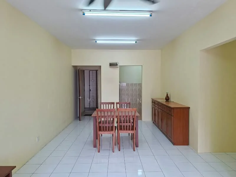 Dining features: white painted walls, white tile flooring, ceiling lights, wooden dining table with four chairs, wooden sideboard, air conditioning unit, doorway leading to hallway, glass panel partition.