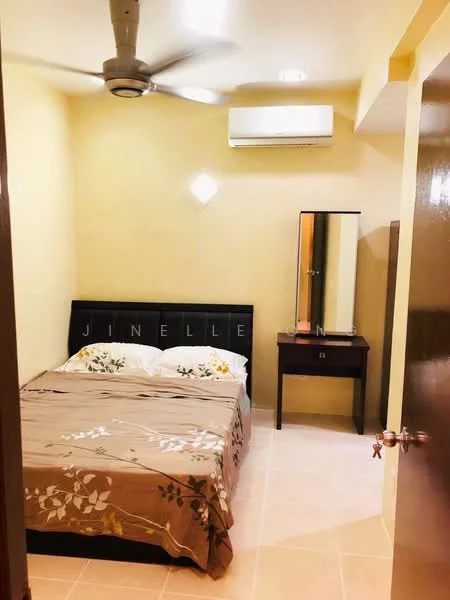 Bedroom features: queen-size bed with floral bedding, upholstered headboard, 2 bedside pillows, wooden bedside table, mirror on the bedside table, built-in wardrobe, wall-mounted split AC unit, ceiling fan, cream painted walls, tile flooring; style: modern.