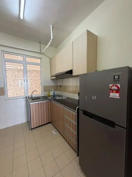 Kitchen features: single-bowl stainless-steel sink, chrome pull-down faucet, laminate countertop, wood cabinetry with flat-panel design, stainless-steel fridge, built-in oven, ceramic tile flooring, white tiled backsplash, window with view to the outside, under-cabinet lighting; style: modern.