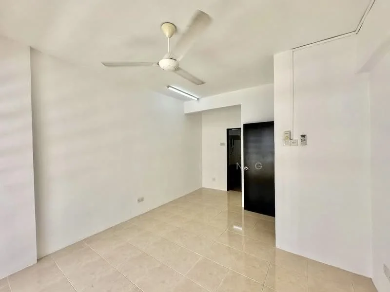Room features: white painted walls, tile flooring, ceiling fan, recessed lighting, doorway leading to another room, light switch, power outlets; style: modern.