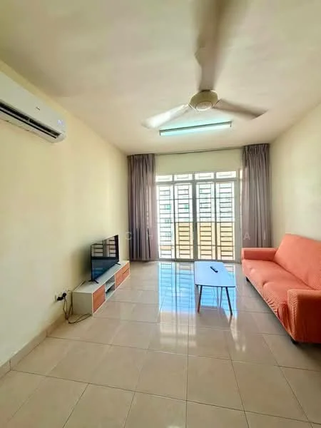 Living features: cream painted walls, glossy tile flooring, 5-blade ceiling fan with light, floor-to-ceiling windows, sheer curtains, orange fabric sofa, coffee table, TV console, wall-mounted TV, air conditioning unit; style: modern; view: city.