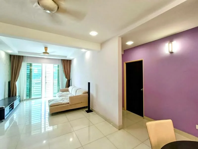Living features: white painted walls, purple accent wall, glossy tile flooring, 5-blade ceiling fan with light, sofa in cream fabric, TV console, floor-to-ceiling windows, sheer curtains, sliding glass door, recessed downlights; style: modern; view: garden.