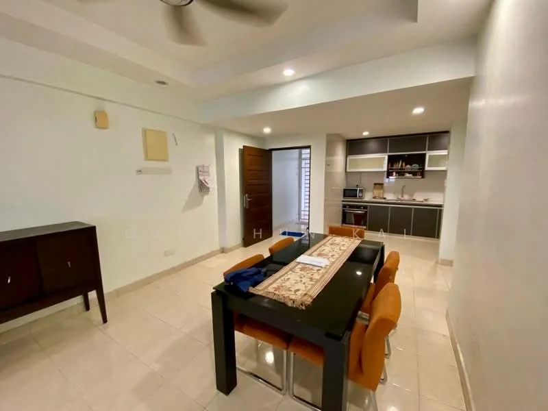 Dining features: dining table with black surface, 4 upholstered dining chairs in orange, cream painted walls, tile flooring, ceiling fan, wall-mounted cabinet, kitchenette area with cabinets, built-in microwave, stainless-steel sink, recessed downlights; style: modern. Room features: wooden door, open layout, kitchenette with countertop, appliances visible in kitchenette.