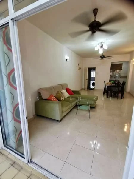 Living features: 3-seater fabric sofa in beige, red accent cushions, coffee table, ceiling fan with light, wall-mounted light fixtures, tile flooring, white painted walls, dining table with chairs visible in background, sliding glass door, curtains with geometric pattern; style: modern; view: garden.