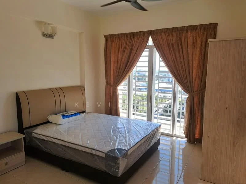 Bedroom features: queen-size bed with upholstered headboard, mattress with protective cover, 2 bedside tables, floor-to-ceiling windows, sheer curtains, wooden wardrobe, ceiling fan, glossy tile flooring, neutral painted walls, decorative wall sconce; style: modern; view: city.