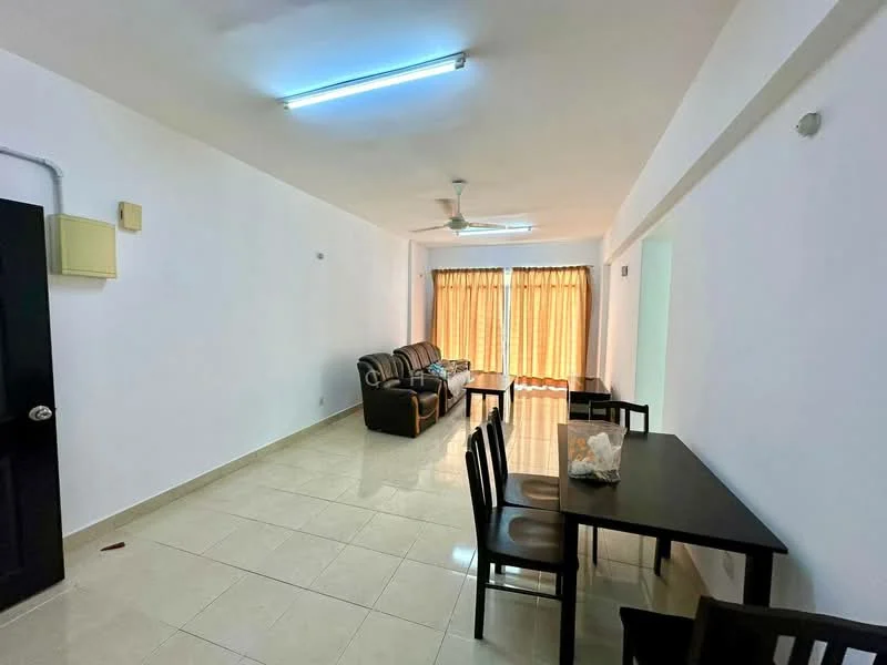 Living features: white painted walls, glossy ceramic tile flooring, ceiling fan, sofa in brown fabric, dining table with black finish, 4 black dining chairs, large windows with sheer curtains, natural light from windows; style: modern.