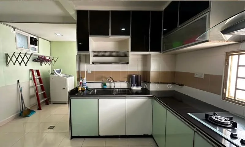 Kitchen features: black and green cabinetry, stainless-steel sink, chrome pull-down faucet, black countertop, built-in gas hob, wall-mounted range hood, ceramic tile flooring, white walls, window with grid pattern, refrigerator, open shelving, ladder against wall, cleaning supplies, utility area with washing machine; style: modern.